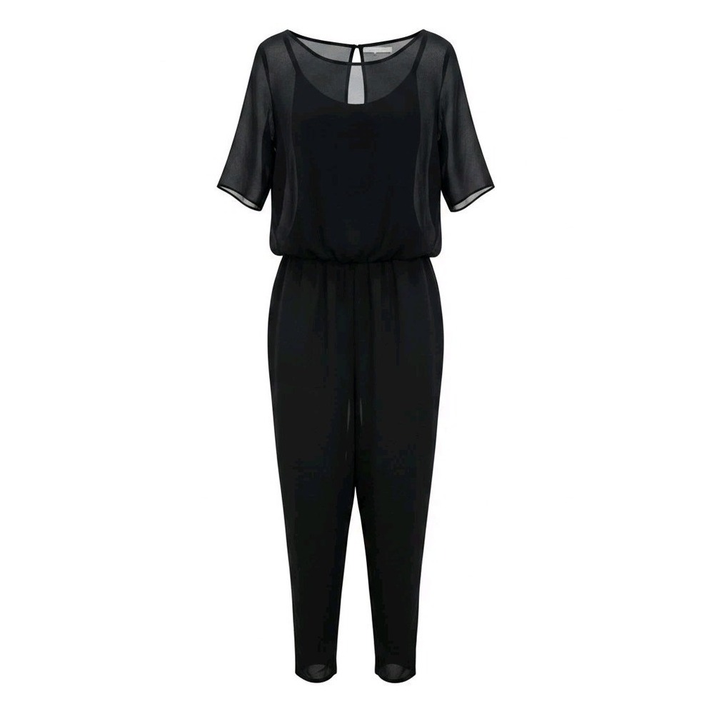 Minimalist Black Metaphor Jumpsuit  Chic Sheer‎ Overlay Pockets  L Evening Wear
